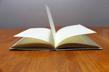 Opened blank book on wooden table.