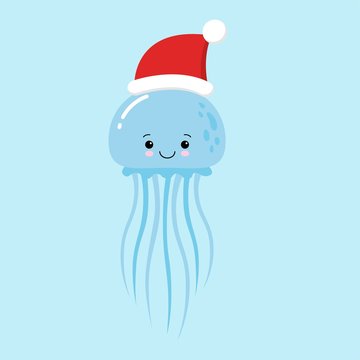 Jellyfish cartoon character. A Cute blue Jellyfish wearing Santa Claus hat standing on marine blue background.Flat design Vector illustration for Merry Christmas and Happy New Year invitation card.