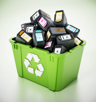 Used inkjet printer cartridges inside green recycle box. 3D illustration  Illustration Stock | Adobe Stock