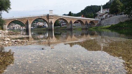 Konjic bridge, city and mountain view, Bosnia and Herzegovina, beautiful summer landscape