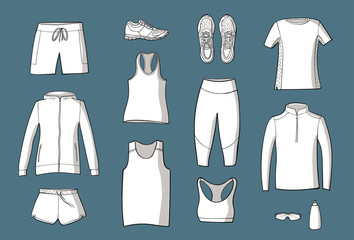 Running clothes set of hand drawn illustrations. Doodle style. Line on blue background