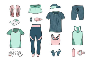 Running clothes set of hand drawn illustrations. Colorful doodle style. Vector