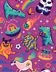Seamless pattern with cute kawaii animals, dinosaurs and monsters in the galaxy. Vector illustration