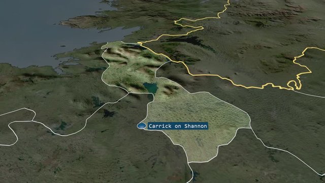 Leitrim - county of Ireland with its capital zoomed on the satellite map of the globe. Animation 3D