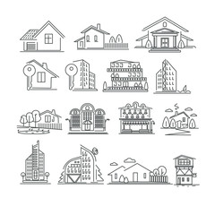 Buildings or real estate isolated outline icons, houses and apartments