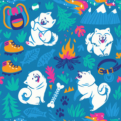 Seamless pattern with dogs walking in forest. Vector illustration.