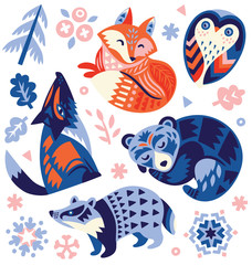 Obraz premium Set of Christmas graphic elements with decorative forest animals