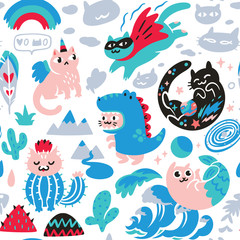 Seamless pattern with different hand drawn kawaii cats, mermaid, unicorn, dinosaur and super hero. Vector illustration