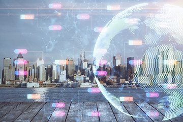 Map and data theme hologram on city view with skyscrapers background double exposure. International technology in business concept.