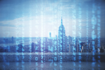 Data theme hologram drawing on city view with skyscrapers background double exposure. Technology concept.