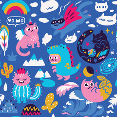 Fototapeta na wymiar Seamless pattern with different hand drawn kawaii cats, mermaid, unicorn, dinosaur and super hero. Vector illustration
