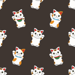 Seamless pattern with traditional Japanese so called 'maneki Neki', a white winking cat used as good luck charm on dark black background
