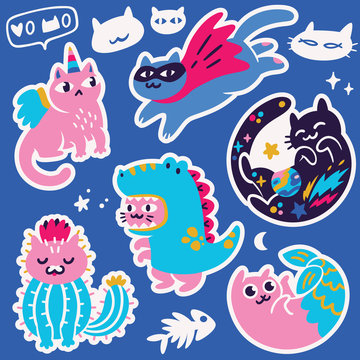 Sticker set of cute different hand drawn kawaii cats, mermaid, unicorn, dinosaur and super hero. Vector illustration