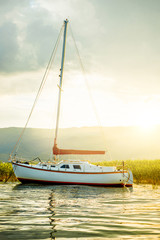 North macedonia. Ohrid. White sailboat on Ohrid lake beside reeds in sunset. Vertical photo