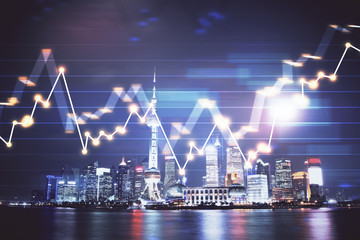 Financial graph on night city scape with tall buildings background multi exposure. Analysis concept.