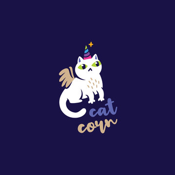 Unicorn and cat cute logo design. Logotype concept icon.