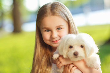 Little girl with a maltese puppy, outdoor summer