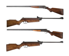 Set of Vintage wooden hunting rifle isolated on white background.