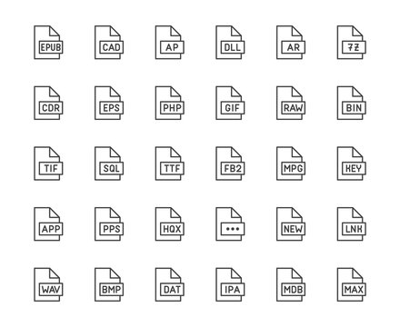 File format flat line icons set. Epub, dll, pps, gif, sql, fb2, eps, app document vector illustrations. Outline signs for extension. Pixel perfect 64x64. Editable Strokes