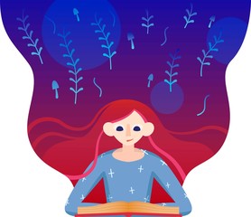 Red hair girl reading a magic book