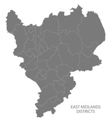 Modern Map - East Midlands map of England UK with districts gray
