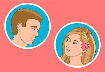 Young beautiful guy and girl are looking at each. Faces in round frames. The background is red. Vector illustration in comic style.