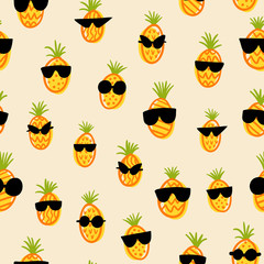 Cool pineapple in sunglasses seamless pattern. Cute hand drawn doodles. Vector template design for textile, backgrounds, packages, wrapping paper, fabric, wallpaper.