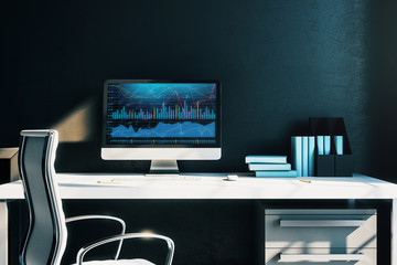Naklejka premium Cabinet desktop interior with financial charts and graphs on computer screen. Concept of stock market analysis and trading. 3d rendering.