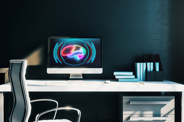 Desktop interior with computer, table and chair. Data theme brain drawing on screen. 3d rendering.