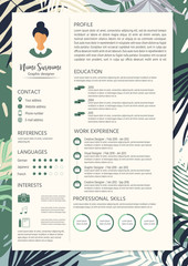 Feminine resume with infographic elements and tropic design. Stylish CV set for women. Clean vector profile.
