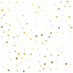 Christmas dots background vector, flying gold sparkles confetti. Texture of gold foil.