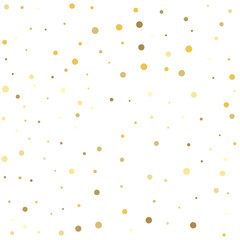 Template for holiday designs, invitation, party, birthday, wedding. Christmas dots background vector, flying gold sparkles confetti.