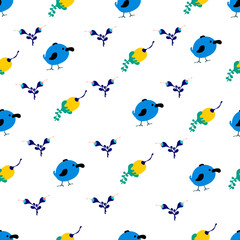 Seamless vector pattern with cartoon birds and flowersc figures in bright colors.