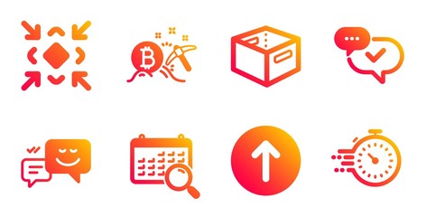 Minimize, Office box and Search calendar line icons set. Swipe up, Bitcoin mining and Happy emotion signs. Approved, Timer symbols. Small screen, Delivery box. Technology set. Vector