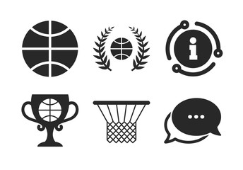 Ball with basket and award cup signs. Chat, info sign. Basketball sport icons. Laurel wreath symbol. Classic style speech bubble icon. Vector