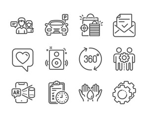 Set of Technology icons, such as Speakers, Safe water, Augmented reality, Heart, Exam time, Parking, Approved mail, People talking, Employees teamwork, Settings gears, 360 degrees. Vector