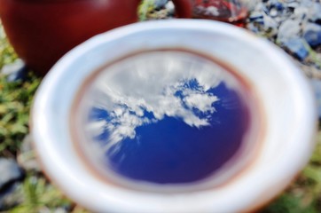 Reflection of the sky in a cup of tea