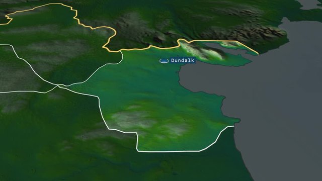 Louth - county of Ireland with its capital zoomed on the physical map of the globe. Animation 3D