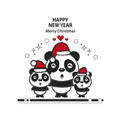 Funny pandas in the hat of Santa Claus.Vector illustration.