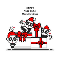 Merry Christmas and happy New Year  greeting card. Cute animals wearing Santa red hat and new year gift boxes.
