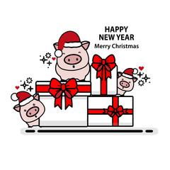 Merry Christmas and happy New Year  greeting card. Cute animals wearing Santa red hat and new year gift boxes.