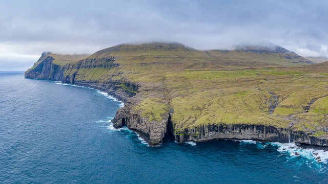 Eidi cliffs aerial view in Eysturoy island, Faroe Islands