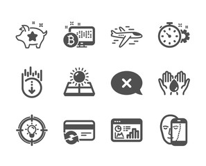 Fototapeta premium Set of Technology icons, such as Scroll down, Sun energy, Change card, Loyalty points, Face biometrics, Idea, Safe water, Seo statistics, Cogwheel timer, Reject, Airplane, Bitcoin system. Vector