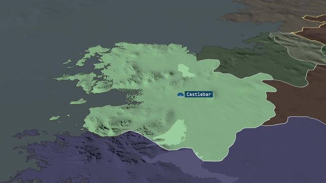 Mayo - county of Ireland with its capital zoomed on the administrative map of the globe. Animation 3D