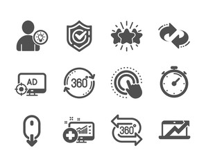 Set of Technology icons, such as Click hand, Star, Full rotation, Confirmed, 360 degree, Seo adblock, User idea, Timer, Medical analytics, Sales diagram, Refresh, Scroll down. Click hand icon. Vector