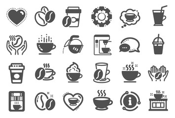 Coffee icons. Beans, hot cocktail and coffee maker machine. Espresso cup, cappuccino with whipped cream icons. Latte vending machine, breakfast drink and roasted beans. Quality set. Vector