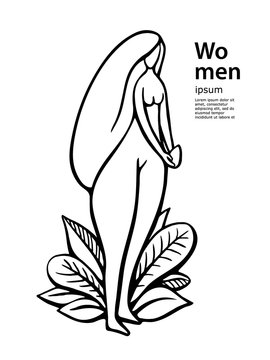 Hand-drawn naked woman with yoni egg with leafs. Women secrets. Vector Illustration - stock vector. Stone Egg Practice
