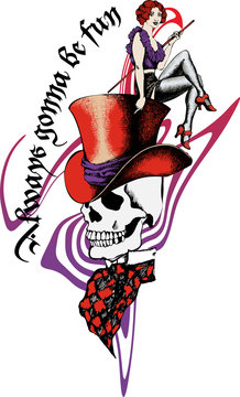 Skull and cabaret dancers. Death and fun - such is life. Suitable for posters, cards, tattoo. Vector illustration