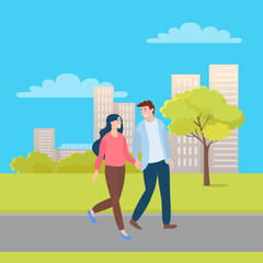 Couple holding hands walking outdoors, cartoon style boyfriend and girlfriend. People in love and summer season, man and woman walking outdoors, buildings. Flat cartoon