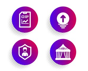 Swipe up, Security agency and Report document icons simple set. Halftone dots button. Circus tent sign. Scrolling page, People protection, Statistics file. Attraction park. Business set. Vector